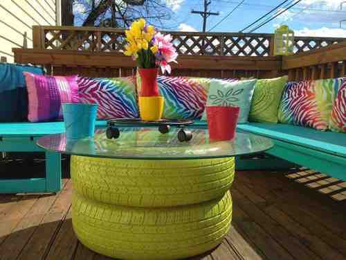 simple table with 2 tires, outdoor furniture, repurposing upcycling