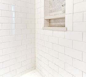 modern bathroom update before after, bathroom ideas, home improvement, small bathroom ideas, tile flooring, tiling, Completed Shower Subway Tile
