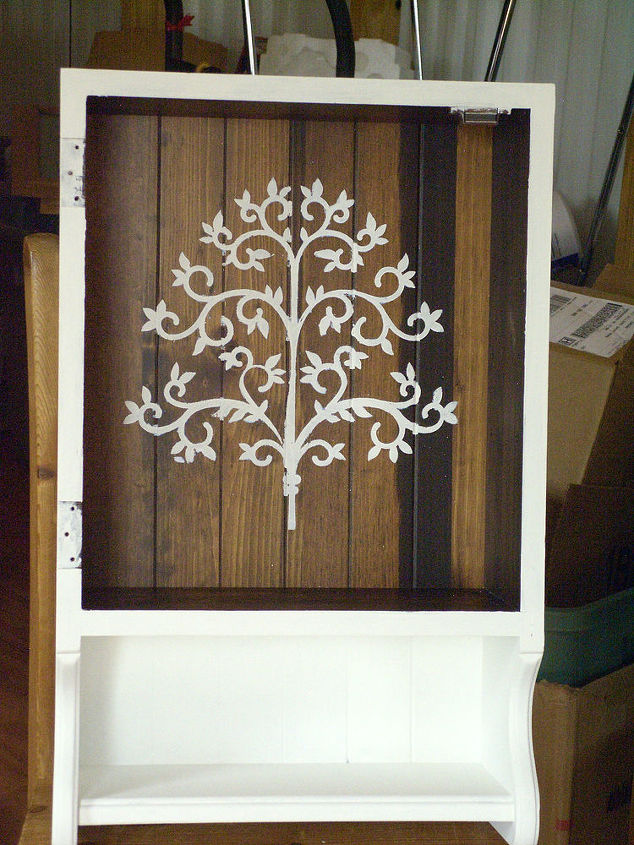 painted cabinet upcycle antique tree custom, painted furniture, repurposing upcycling, shelving ideas, This stencil hardest job ever But worth it