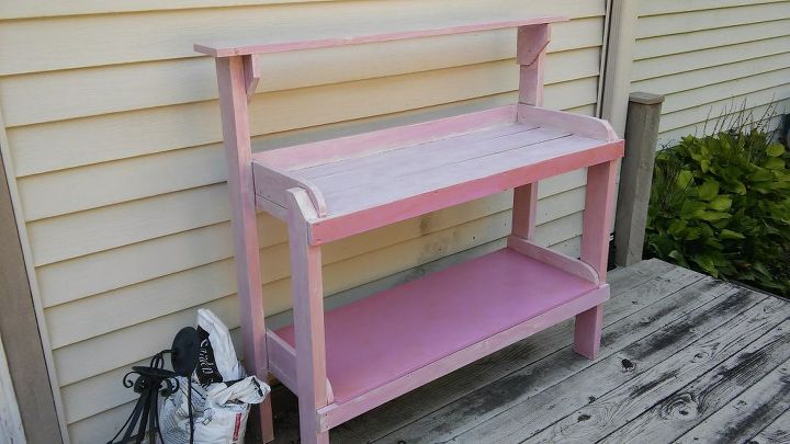 potting bench painted pink makover, outdoor furniture, painted furniture