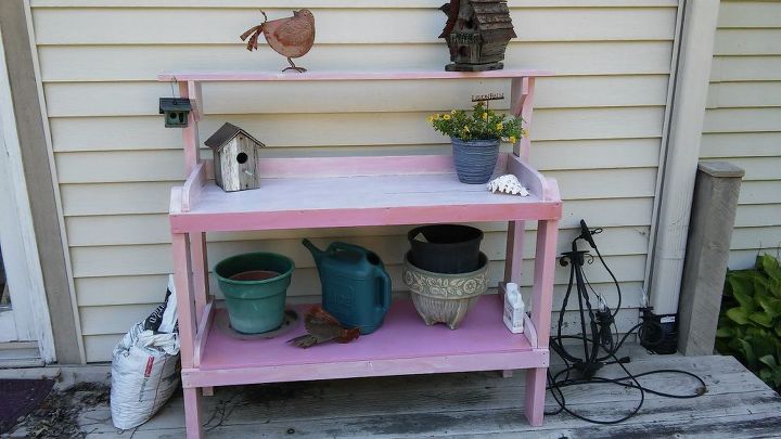potting bench painted pink makover, outdoor furniture, painted furniture