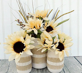 mason jars fall centerpiece burlap doily sunflowers, crafts, home decor, mason jars