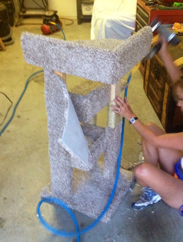 diy kitty scratching post and bed, Scrap carpet pieces and a staple gun can do w