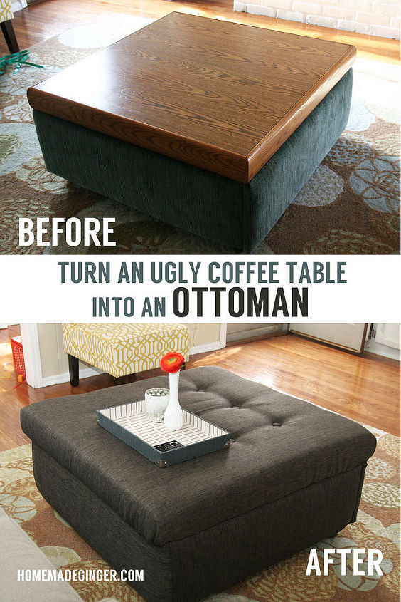 coffee table turned tufted ottoman, diy, repurposing upcycling, reupholster
