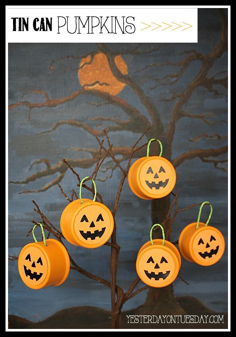 fall decor tin can pumpkins pet food upcycle, crafts, halloween decorations, repurposing upcycling, seasonal holiday decor, Happy Halloween