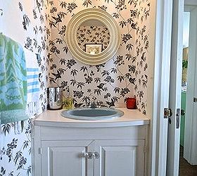 small bathroom makeover wallpaper fun bright, bathroom ideas, countertops, diy, flooring, small bathroom ideas, wall decor