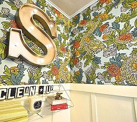 small bathroom makeover wallpaper fun bright, bathroom ideas, countertops, diy, flooring, small bathroom ideas, wall decor