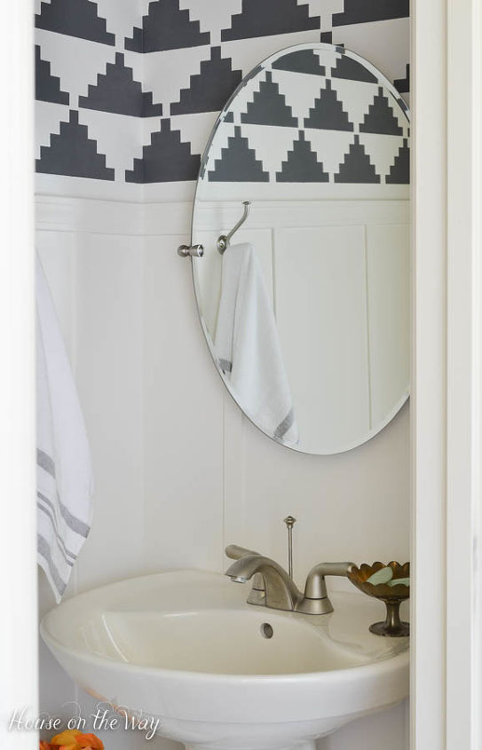 bathroom makeover stenciled walls board and batten, bathroom ideas, diy, painting, woodworking projects