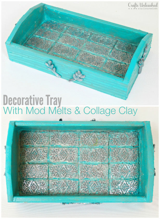 wood tray embellished with mod melts and collage clay, crafts, decoupage, home decor