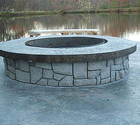 concrete fire pit with vertical carved stonework, concrete masonry, outdoor living