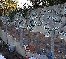 concrete tile mosaic retaining wall, concrete masonry, diy, landscape, outdoor living