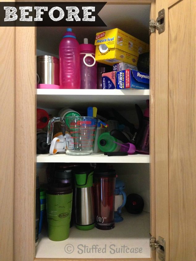 kitchen cabinet organization water bottles and coffee carafes, kitchen cabinets, kitchen design, organizing
