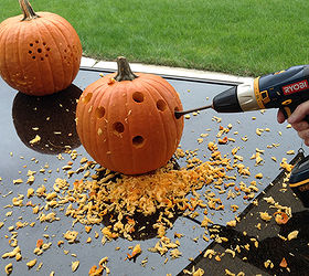 pumpkin carving with power drill, halloween decorations, seasonal holiday decor, tools