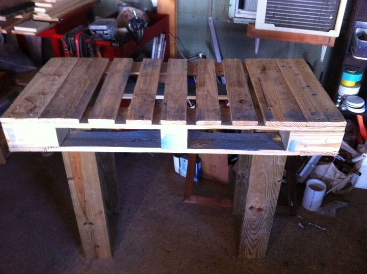 my first attempts at pallet furniture, diy, painted furniture, pallet, repurposing upcycling, shelving ideas, My pallet work table