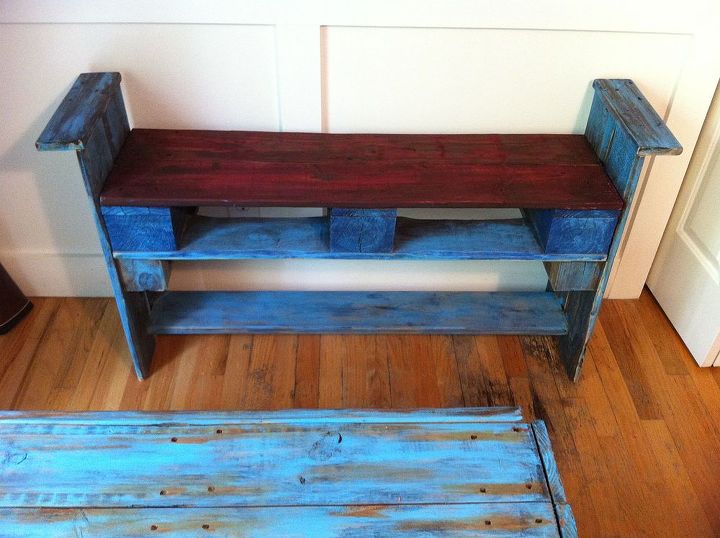 my first attempts at pallet furniture, diy, painted furniture, pallet, repurposing upcycling, shelving ideas, A pallet with arm rest my third bench