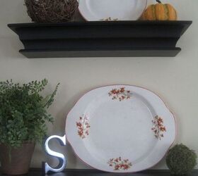 fall vignette with ironstone plates, fireplaces mantels, home decor, kitchen design, seasonal holiday decor, shelving ideas