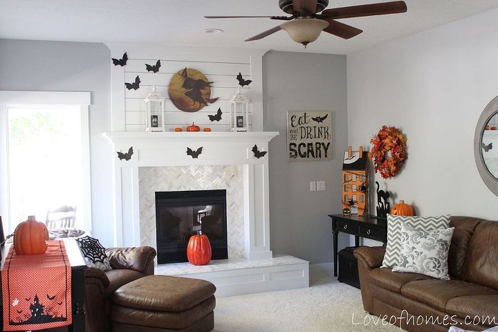 halloween decor fireplace mantel bats, fireplaces mantels, halloween decorations, living room ideas, seasonal holiday decor