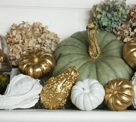 gold fall mantel decor pumpkins gourds, fireplaces mantels, living room ideas, seasonal holiday decor