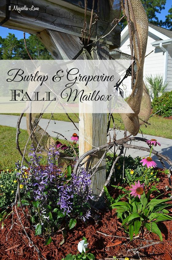 curb appeal burlap grapevine fall mailbox, crafts, curb appeal, outdoor living, seasonal holiday decor