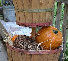 fall decor tiered bushel baskets pumpkin, repurposing upcycling, seasonal holiday decor