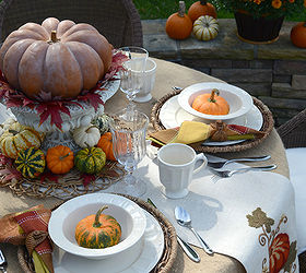 fall tablescape outdoors pumpkins white dishes, home decor, seasonal holiday decor