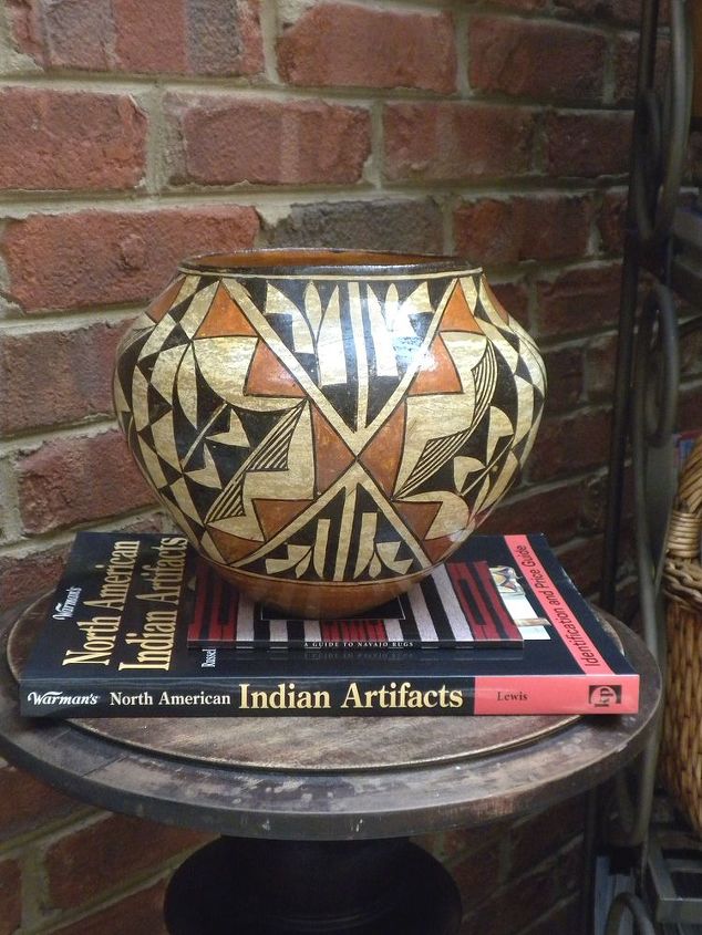home decor sunroom indian summer, home decor, outdoor living, Zuni pot and reference books
