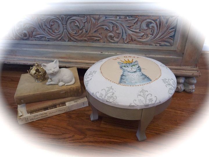 painted furniture footstool kitty portrait, painted furniture, pets animals, repurposing upcycling