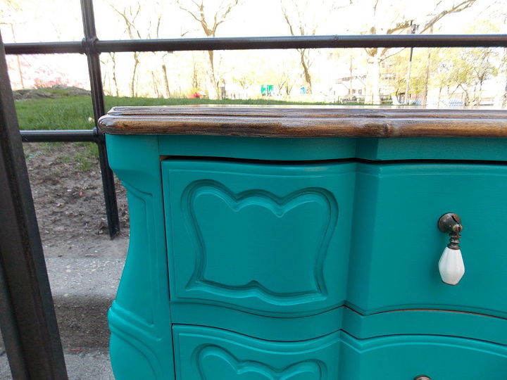 two tone teal nightstands, painted furniture, close up chalk paint