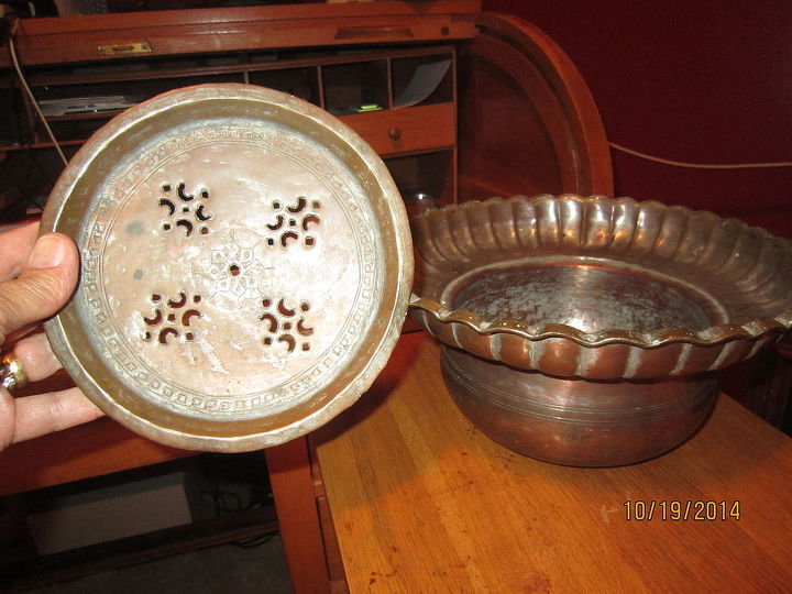 home decor antique copper pot purpose vintage, repurposing upcycling, center piece looking down from the top comes out
