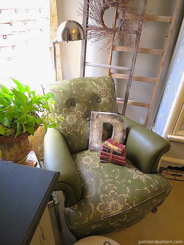 painting stencil leather club chair, chalk paint, diy, painted furniture, painting, reupholster