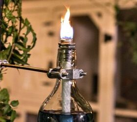 upcycled backyard bottle torches, lighting, outdoor living, repurposing upcycling