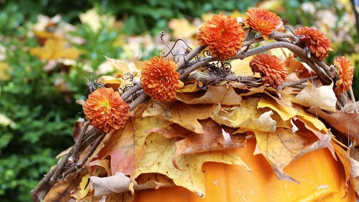 pumpkin decorating leaves natural elements, halloween decorations, seasonal holiday decor