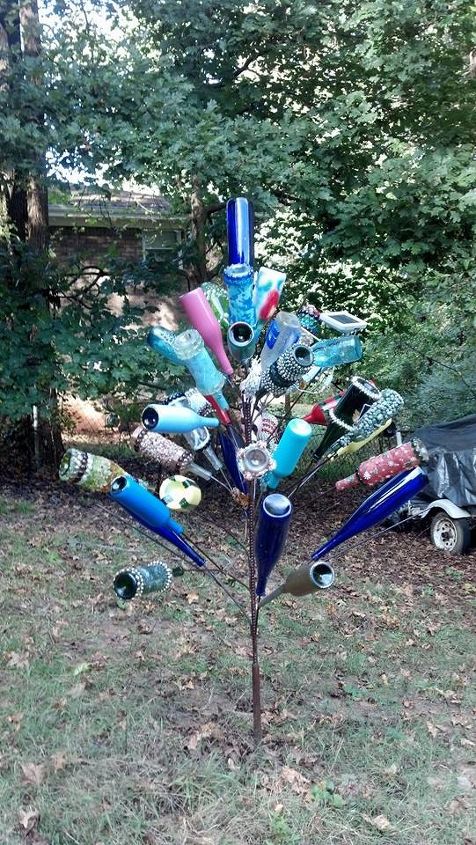 garden bottle tree completed, outdoor living, repurposing upcycling