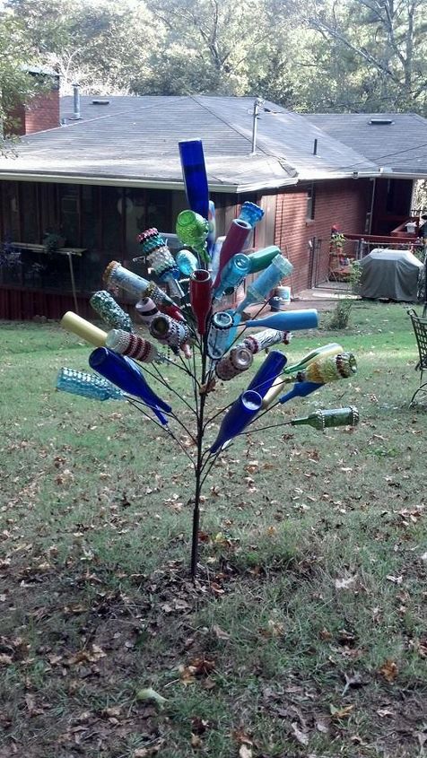 garden bottle tree completed, outdoor living, repurposing upcycling