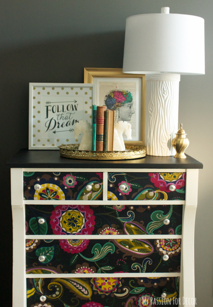 decoupage dresser mod podge fabric makeover, chalk paint, decoupage, home decor, painted furniture, reupholster, woodworking projects