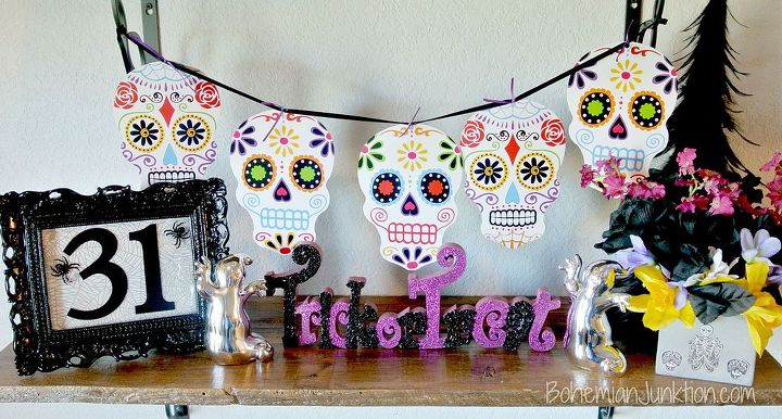 sugar skull halloween mantle, fireplaces mantels, halloween decorations, seasonal holiday decor