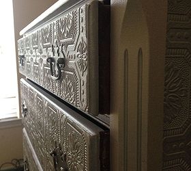 dresser makeover metallic silver paint textured wallpaper