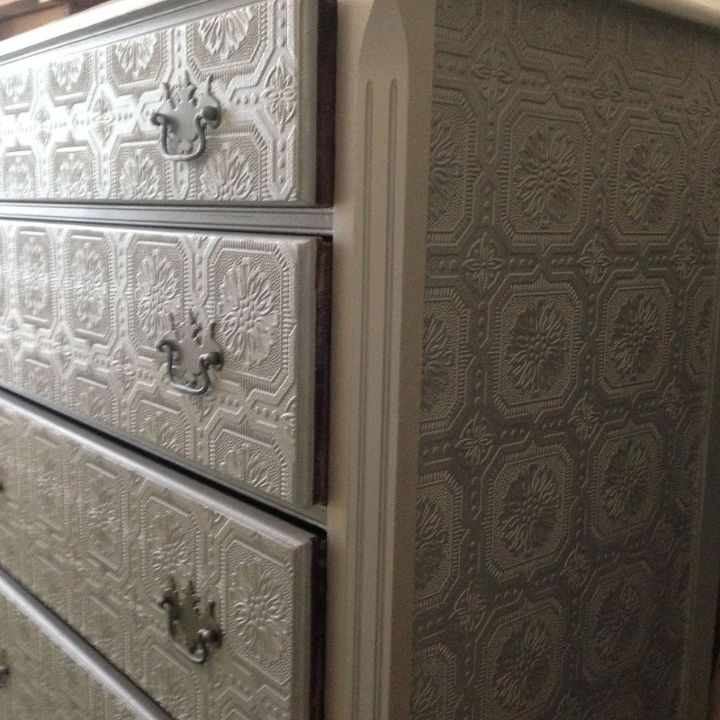 dresser makeover metallic silver paint textured wallpaper