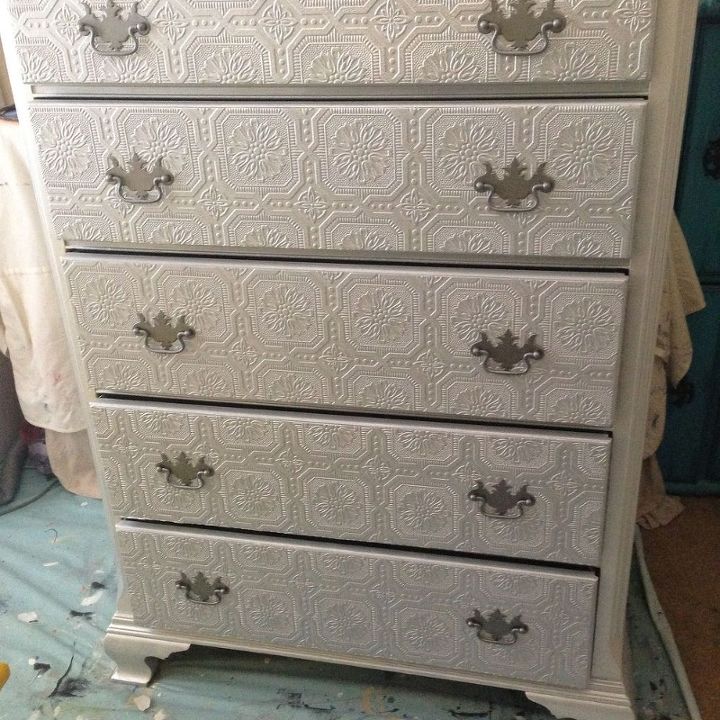 Dresser Makeover Metallic Silver Paint Textured Wallpaper