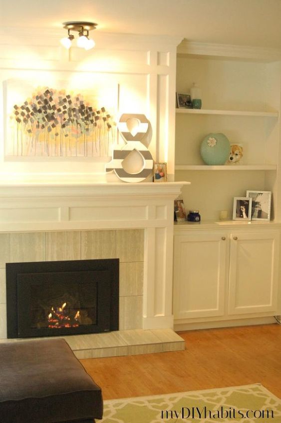 our transformed fireplace before after, diy, fireplaces mantels, living room ideas, shelving ideas, woodworking projects