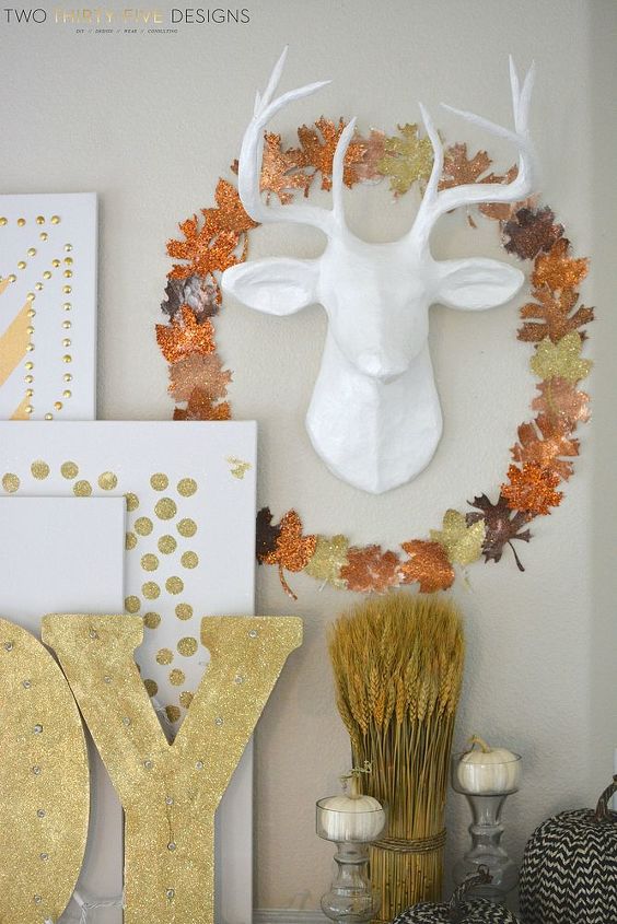 fall mantel glitter leaf wreath, crafts, fireplaces mantels, seasonal holiday decor, wreaths