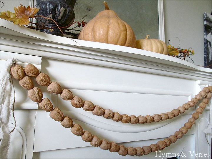 fall mantel with walnut garland, seasonal holiday decor