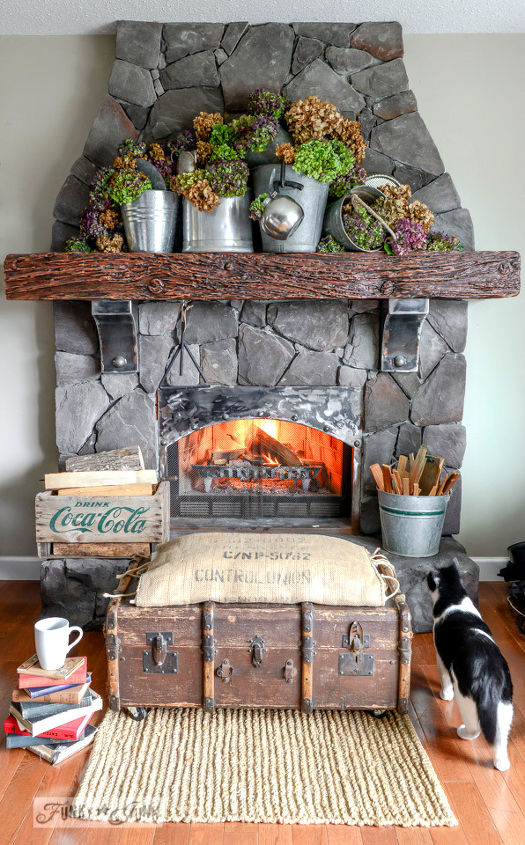 hydrangea mantel fall fireplace stone, crafts, fireplaces mantels, flowers, hydrangea, repurposing upcycling, seasonal holiday decor