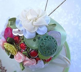 upcyle old teacup to make a vintage pincushion how to, crafts, repurposing upcycling, Sewing notions add pizzazz