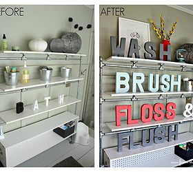easy and colorful bathroom updates, bathroom ideas, home decor, wall decor, Industrial Pipe Shelves Before and After