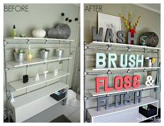 easy and colorful bathroom updates, bathroom ideas, home decor, wall decor, Industrial Pipe Shelves Before and After