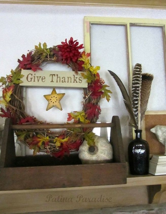 thanksgiving mantel decor with flea market finds, fireplaces mantels, home decor, repurposing upcycling, seasonal holiday decor, thanksgiving decorations, The wreath is the focal point
