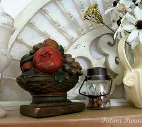 thanksgiving mantel decor with flea market finds, fireplaces mantels, home decor, repurposing upcycling, seasonal holiday decor, thanksgiving decorations, I love this vintage fruit basket book end