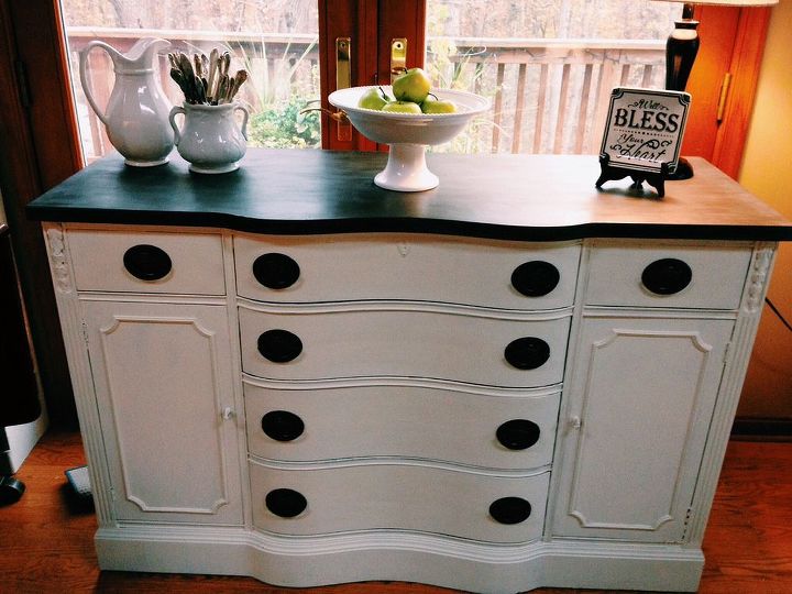 buffet table makeover using white paint, painted furniture
