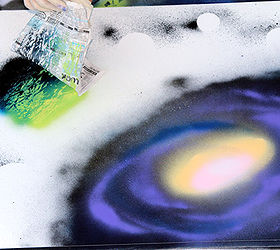 spray paint art outer space scene how to, crafts, home decor, painting, repurposing upcycling, wall decor